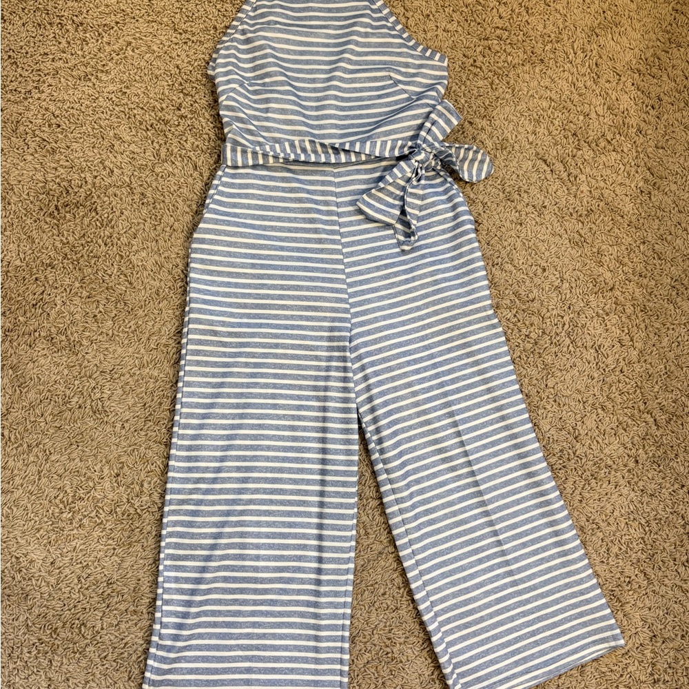 Striped cropped Wide-Leg Jumpsuit in Light Blue & White